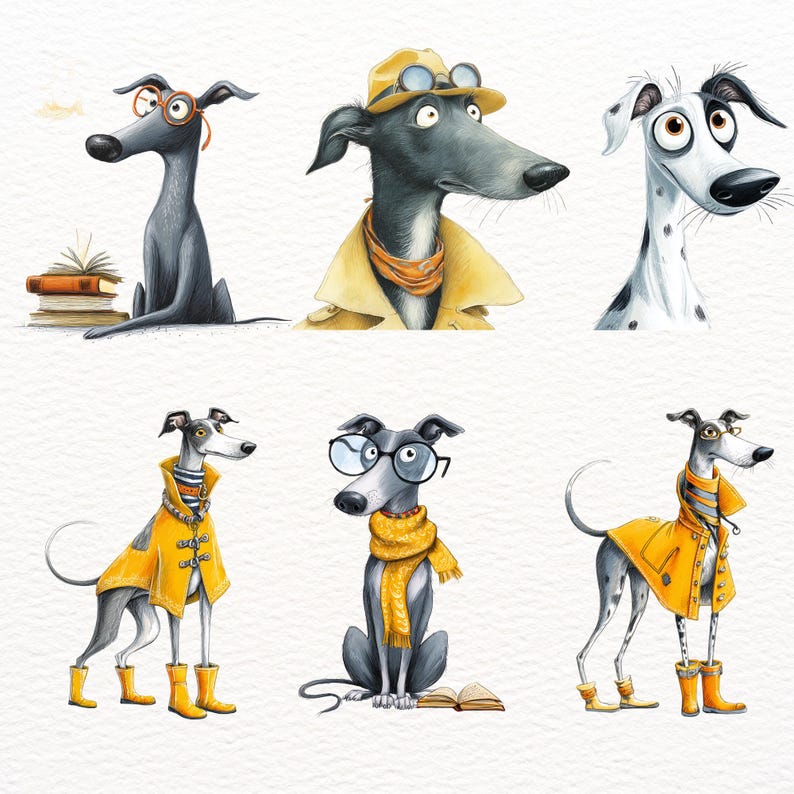 May include: Whimsical illustration of six greyhound dogs, each with unique personalities. Some wear glasses, hats, and coats, while others are reading books. The dogs are depicted in a cartoon style with a light watercolor background.