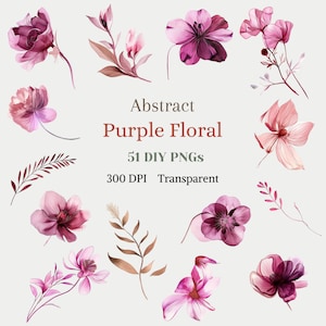 ClipArt floral morado abstracto, elementos de bricolaje de acuarela PNG, imagen de flor morada, dibujo individual de flor, gráfico de flor para marco de corona