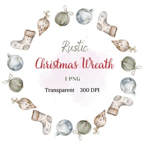 Könnte beinhalten: Eine Aquarellillustration eines rustikalen Weihnachtskranzes aus Strümpfen, Ornamenten und Grün. Der Kranz hat eine Kreisform und einen weißen Hintergrund.