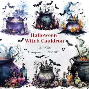 Halloween Witch Cauldron Clipart, Watercolor Potion Pot PNG, Halloween Graphic, Spooky Image, Dark Magic School Drawing, Digital Download