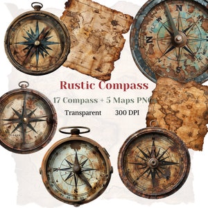 Rustic Compass ClipArt, Old Vintage Compass PNGs, Old Time Traveller Images, Vintage Map Graphic, Classic Compass Face Art, Digital Download