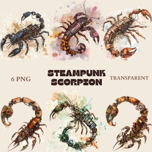 Clipart de scorpion steampunk, scorpion mécanique aquarelle PNG, art d'insecte fort et dangereux, dessin à la main unique d'engrenages, téléchargement numérique