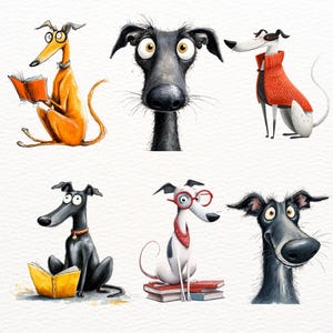 May include: A collection of six cartoon greyhounds in various poses. One is reading a book, another is wearing a red sweater, and others are wearing glasses. The dogs are in shades of orange, black, and white, with expressive eyes.