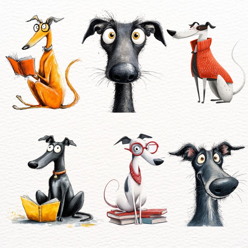 May include: A collection of six cartoon greyhounds in various poses. One is reading a book, another is wearing a red sweater, and others are wearing glasses. The dogs are in shades of orange, black, and white, with expressive eyes.