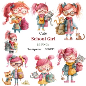 Clipart de colegiala adorable, imagen de niña adorable, gráfico de baby shower, imagen de gatita de cabello rosa, decoración de guardería en acuarela PNG, descarga digital