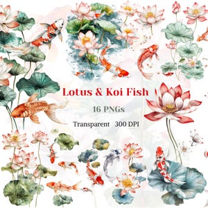Lotus en Koi Fish Clipart, aquarel waterlelie PNG, bloem Lotus afbeelding, Japanse tuintekening, bloemenbeeld, Zen Yoga illustratie