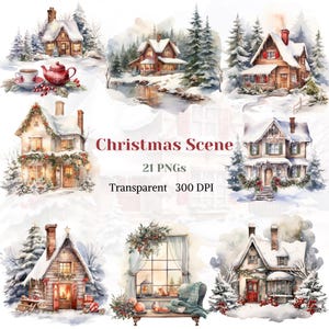 Christmas Scene Clipart, Watercolor Winter Village PNG, Rustic Noel Graphic, Festive Holidays Drawing, Snowing Town Image, Digital Download