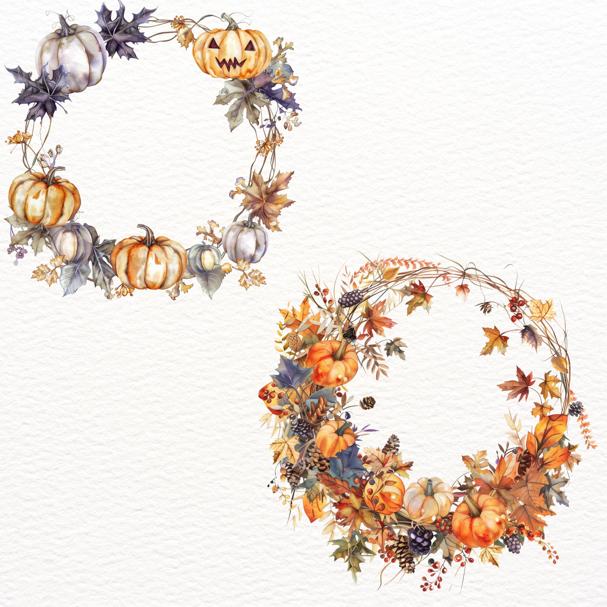 Autumn Wreath Clipart, Watercolor Halloween Pumpkin Deco PNG, Fall ...