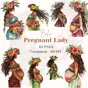 Boho Pregnant Lady ClipArt, Aquarela Maternidade PNG, Ilustração de Gravidez, Gráfico de Mãe, Imagem de Barriga de Bebê, Maternidade, Download Digital