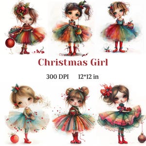 Stravagante ragazza di Natale Download digitale acquerello JPG Set di pagine di Natale Adorabile ragazza carina Immagine Junk Journal Scrapbooking Card Making
