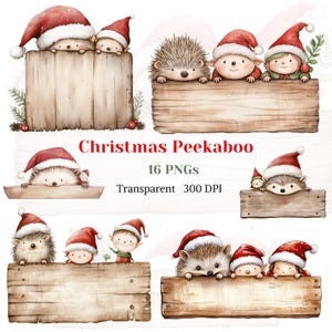 Christmas Peekaboo Clipart Watercolor Transparent Christmas Children Cartoon Graphic Noel Nursery Image Elf Santa Hedgehog Digital Download