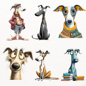 May include: A collection of six cartoon greyhounds in various poses and outfits. One dog wears a tweed cap, glasses, and a jacket. Another is all black with a gold collar. The dogs have expressive eyes and are set against a white background.