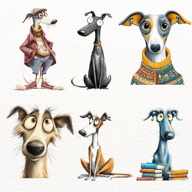 May include: A collection of six cartoon greyhounds in various poses and outfits. One dog wears a tweed cap, glasses, and a jacket. Another is all black with a gold collar. The dogs have expressive eyes and are set against a white background.