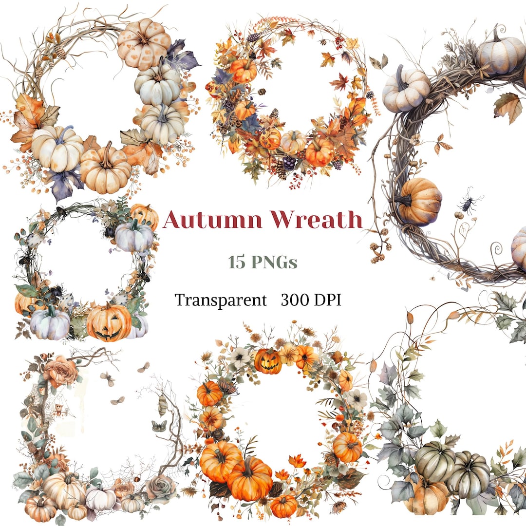 Autumn Wreath Clipart, Watercolor Halloween Pumpkin Deco PNG, Fall ...