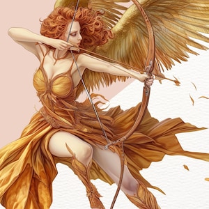 K&ouml;nnte beinhalten: Eine goldgefl&uuml;gelte Figur mit wallendem Haar, die ein goldenes Kleid tr&auml;gt, h&auml;lt einen Bogen und einen Pfeil. Die Figur ist vor einem wei&szlig;en Hintergrund mit verstreuten goldenen Federn platziert.