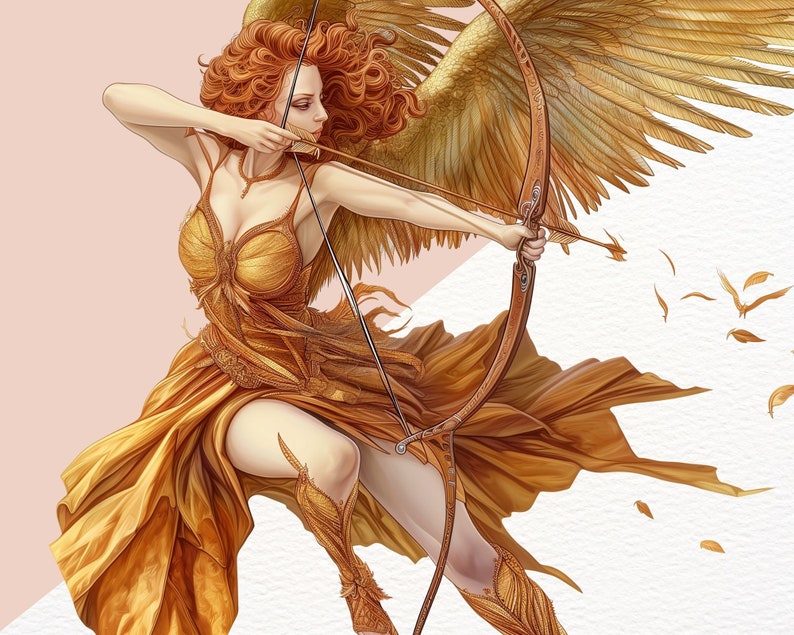 K&ouml;nnte beinhalten: Eine goldgefl&uuml;gelte Figur mit wallendem Haar, die ein goldenes Kleid tr&auml;gt, h&auml;lt einen Bogen und einen Pfeil. Die Figur ist vor einem wei&szlig;en Hintergrund mit verstreuten goldenen Federn platziert.