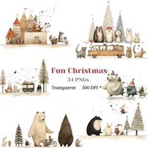 Zabawne świąteczne cliparty Akwarela Noel graficzna Zabawne Boże Narodzenie dla dzieci Świąteczne wakacje Granie obrazu Przyjaźń Digital Download