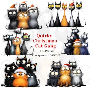 Dziwaczne świąteczne koty Gang Clipart Przezroczysty PNG Noel Zimowy zwierzak graficzny Świąteczne wakacje Kot Rysunek Śliczny zabawny obraz kota Świąteczny kapelusz