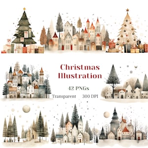 Clipart z ilustracją świąteczną, obraz krajobrazu Noel, akwarelowe zimowe miasto PNG, jarmark bożonarodzeniowy, świąteczna grafika świąteczna, pobieranie cyfrowe