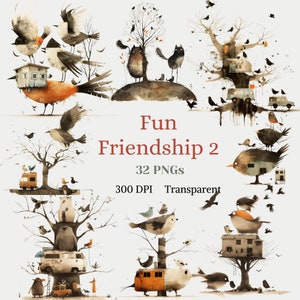 Imágenes prediseñadas de amistad divertidas, imagen divertida de mejor amigo, PNG de animal extravagante y caprichoso, arte de amigos jugando, gráfico de alegría para niños, descarga digital