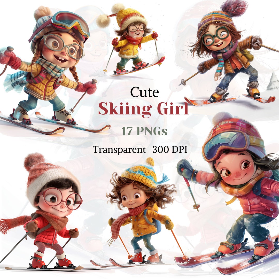 Cute Skiing Girl Clipart, Playful Girl Image, Winter Sport PNG, Active ...