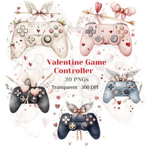 Könnte beinhalten: Ein Set mit 20 digitalen Clipart-Bildern von Gamecontrollern zum Thema Valentinstag. Die Controller sind mit Herzen, Schleifen und Flügeln verziert. Die Bilder sind transparent und haben 300 DPI.