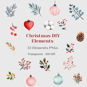 Natale fai da te elementi Clipart acquerello PNG trasparente botanico Noel grafico vacanze di Natale immagine ghirlanda cornice disposizione carta