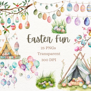 Easter Fun ClipArt, Watercolor Easter Eggs PNG, Welcome Spring Graphic, Egg Branch Image, Egg Hunt Graphic, Tent Ballon Garland Drawing