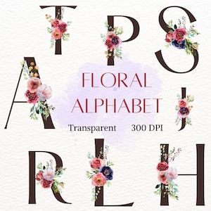 Clipart de l'alphabet floral, lettres de fleurs aquarelles PNG, graphique de fleur de printemps, illustration d'anniversaire de nom, beau dessin de lettres, pétale