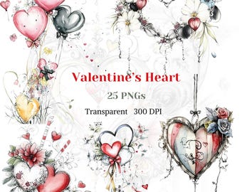 Valentines Heart Clipart, Heart PNG, Love Valentines Graphic, Pretty Heart Garland Drawing, Digital Download for Card Design