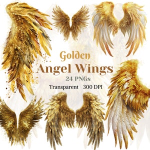 Gouden engel vleugels clip art transparante aquarel PNG glinsterende veer illustratie demonen vleugels grafische fantasie afbeelding digitale download