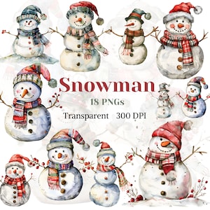 Bałwan Clipart Akwarela Przezroczysty PNG Vintage Noel Zimowy obraz graficzny Świąteczny Wakacje Rysunek Boże Narodzenie Biały Śnieg Szalik Maska