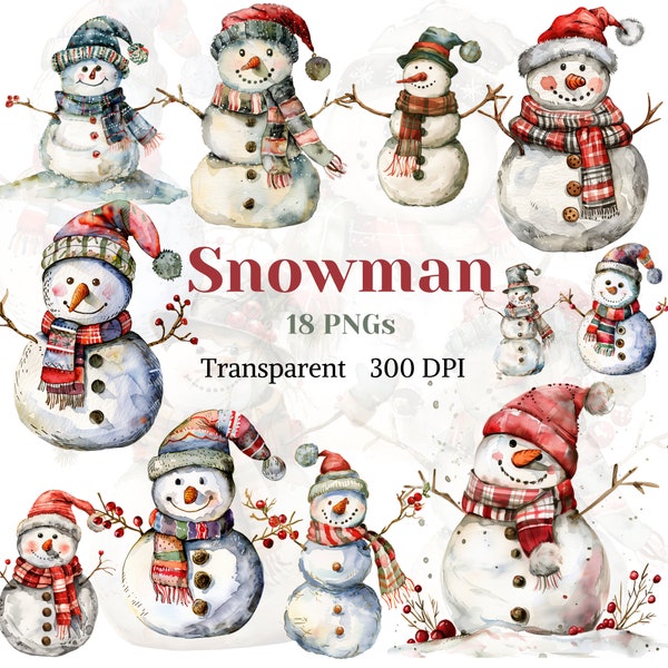 Snowman Clipart Watercolor Transparent PNG Vintage Noel Winter Graphic Image Festive Holiday Drawing Christmas White Snowing Scarf Bonnet