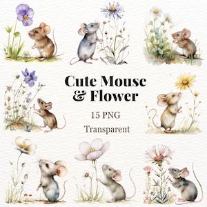 Cute Mouse and Flower Clipart Watercolor Transparent PNG Mice Floral Graphic Nursery Art Sublimation Design Animal Image Book Illustration