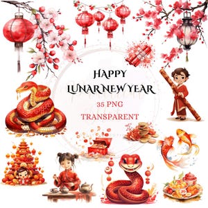 Nouvel An chinois Clipart Transparent 300DPI Image Nouvel An lunaire Aquarelle Illustration Serpent Année Graphique Bonne Année Téléchargement numérique