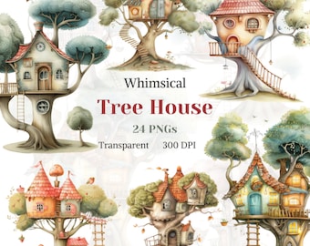 May include: Whimsical Tree House - 24 PNGs, Transparent, 300 DPI. Watercolor illustrations of colorful tree houses with ladders, windows, and doors. Perfect for digital scrapbooking, card making, and other creative projects.