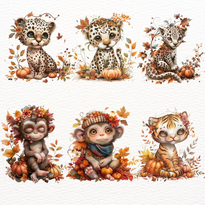 Pu&ograve; includere: Sei adorabili illustrazioni di animali con fogliame autunnale e zucche. Un leopardo, una scimmia, una tigre e altri tre leopardi sono raffigurati in uno stile fantasioso.