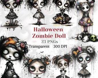 Clipart di bambola zombie di Halloween, PNG di bambola inquietante, grafica di ragazza di Halloween stravagante, ragazza spaventosa e sanguinante, immagine di ragazza gotica, download digitale