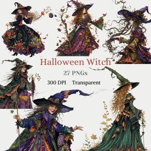 Strega di Halloween Clipart acquerello PNG trasparente Strega di Halloween Grafica mago Lady Immagine Magia Oscura Halloween Stravagante Arte colorata
