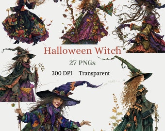 Halloween Witch Clipart, Watercolor Witch PNG, Whimsical Witch Graphic, Wizard Lady Image, Printable clipart, Digital download, Paper craft