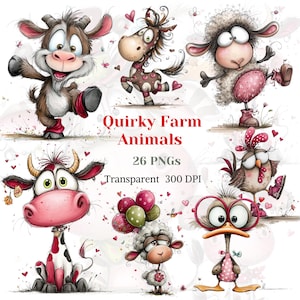 Könnte beinhalten: Eine Sammlung skurriler Bauernhoftier-Illustrationen, darunter eine Kuh, ein Pferd, ein Schaf, ein Huhn und eine Ente. Der Text "Quirky Farm Animals", "26 PNGs" und "Transparent 300 DPI" ist zu sehen. Die Tiere sind im Cartoon-Stil dargestellt.