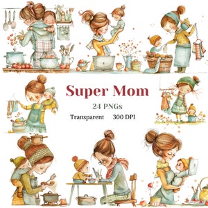 ClipArt Super Maman, Aquarelle Fête des Mères PNG, Belle Mère Travailleuse Graphique, Image Maman Occupée, Bébé Maman, Téléchargement Numérique