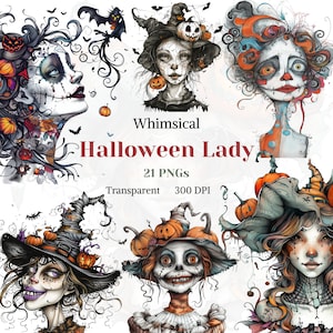 Fantaisie Halloween Lady Clipart Aquarelle Transparent PNG Halloween Femmes Graphique Assistant Quirky Girl Image Magie Sombre Dessin Costume Art