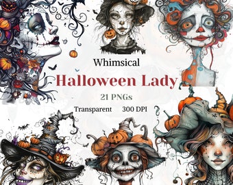 Halloween Lady Clipart – Watercolor PNG with Witch, Magic, Costumes, Whimsical & Dark Female Art