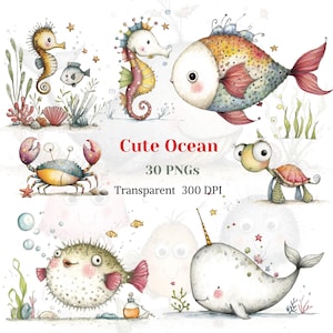 Könnte beinhalten: Aquarellillustrationen verschiedener Meeresbewohner, darunter Seepferdchen, Fische, eine Krabbe, eine Schildkröte, ein Kugelfisch und ein Narwal. Der Text "Cute Ocean" ist rot dargestellt. Die Illustrationen haben einen skurrilen, cartoonartigen Stil.