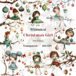 Whimsical Christmas Girl Clipart Acuarela PNG transparente Linda Noel Girl Imagen Niños sentados en una rama Imagen Adorno festivo Adorno