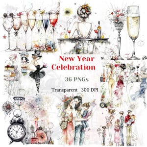 New Year Celebration Clipart Watercolor Transparent PNG New Year Celebrating Graphic Year End Party Card Invitation Graphic Digital Download
