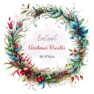 Brillantes coronas de Navidad paquete acuarela marco de invierno PNG Noel imagen prediseñada vacaciones festivas dibujo rojo verde arreglo botánico