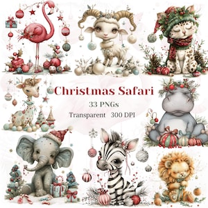 Christmas Safari Clipart Watercolor Transparent PNG Cute Noel Winter Animal Graphic Festive Animal Drawing Holidays Wildlife Art Adorable