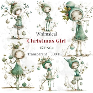 Kapryśna świąteczna dziewczyna clipart Akwarela przezroczysty PNG Śliczny obraz dziewczyny Noel Dzieci Ładny obraz Świąteczne wakacje Sztuka Ozdoba botaniczna